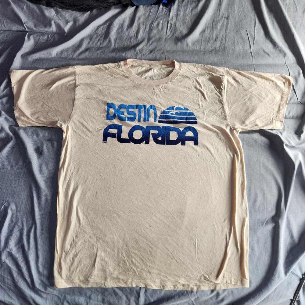 Destin Florida T-Shirt Large L Tan Blue Sunset Palm Tree Beach Vacation Souvenir
